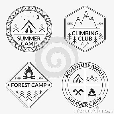 Camp logo set. Summer and forest camping badges. Mountain and Rock Climbing emblem. Vector illustration Vector Illustration